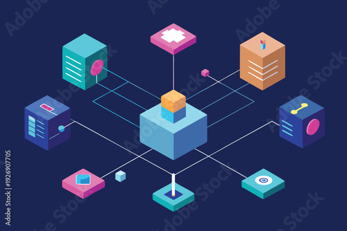 Abstract network of interconnected cubes and servers representing digital data flow and connections