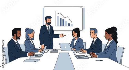 Business meeting with diverse team discussing financial report on screen.