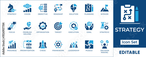 Corporate business strategy roadmap and project leadership framework vector icon set