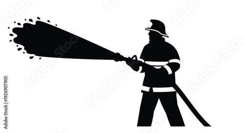 A firefighter directing a water stream a striking black silhouette