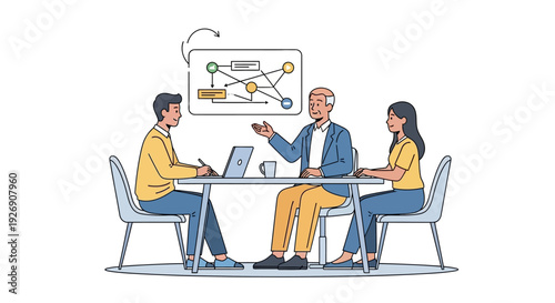 Business meeting with diverse team discussing strategy.