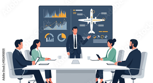 Business meeting presentation with airplane data analysis.