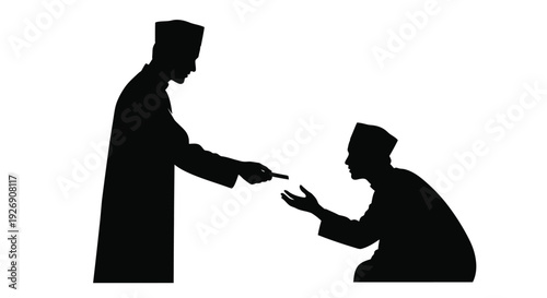 Two men in traditional clothing engaged in a symbolic exchange silhouette