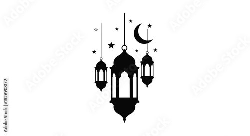 Ramadan lanterns and crescent moon against a starry night silhouette