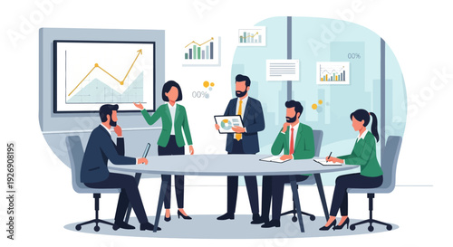 Business meeting with diverse team discussing strategy.