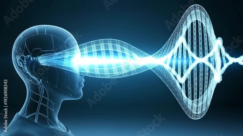 A futuristic animation of a human head creating a DNA helix with a beam of energy. Visualizing genetic engineering and biotechnology. Science and technology innovation concept