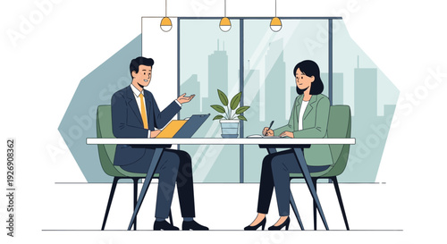 Business meeting between a man and a woman in an office.