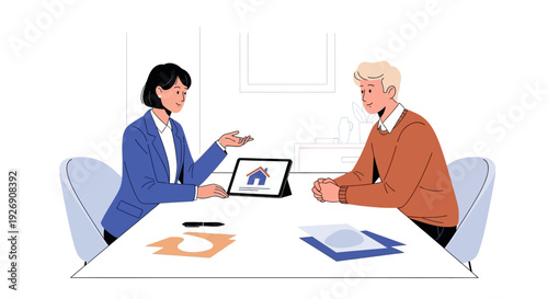 Business meeting between a woman and a man discussing a tablet.
