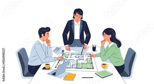 Business meeting with architects discussing building plans.
