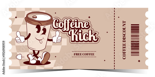 Free gift certificate for coffee with a funny retro character, discount on coffee.
