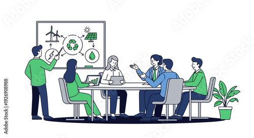Business meeting discussing environmental sustainability and renewable energy solutions.