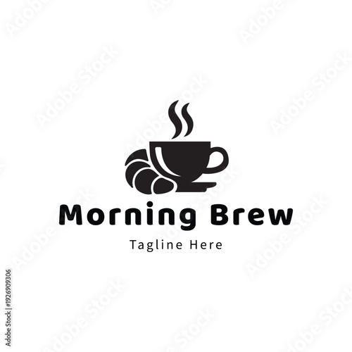 Modern coffee shop logo with steaming cup and croissant