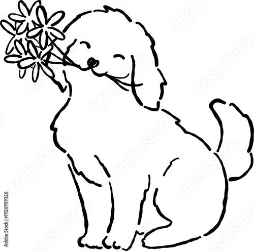 Hand Drawn Golden Retriever with Flower Bouquet