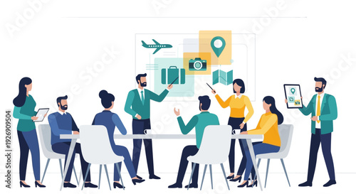 Business meeting discussing travel and tourism strategies.