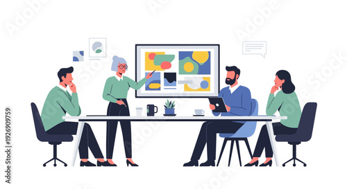 Business meeting with diverse team presenting data on screen.