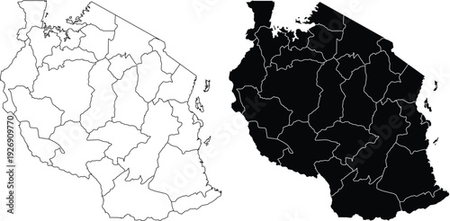 Tanzania Map With Regions Outline And Silhouette africa