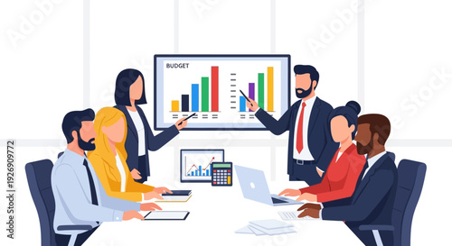 Business Meeting Presentation with Diverse Team Analyzing Charts.