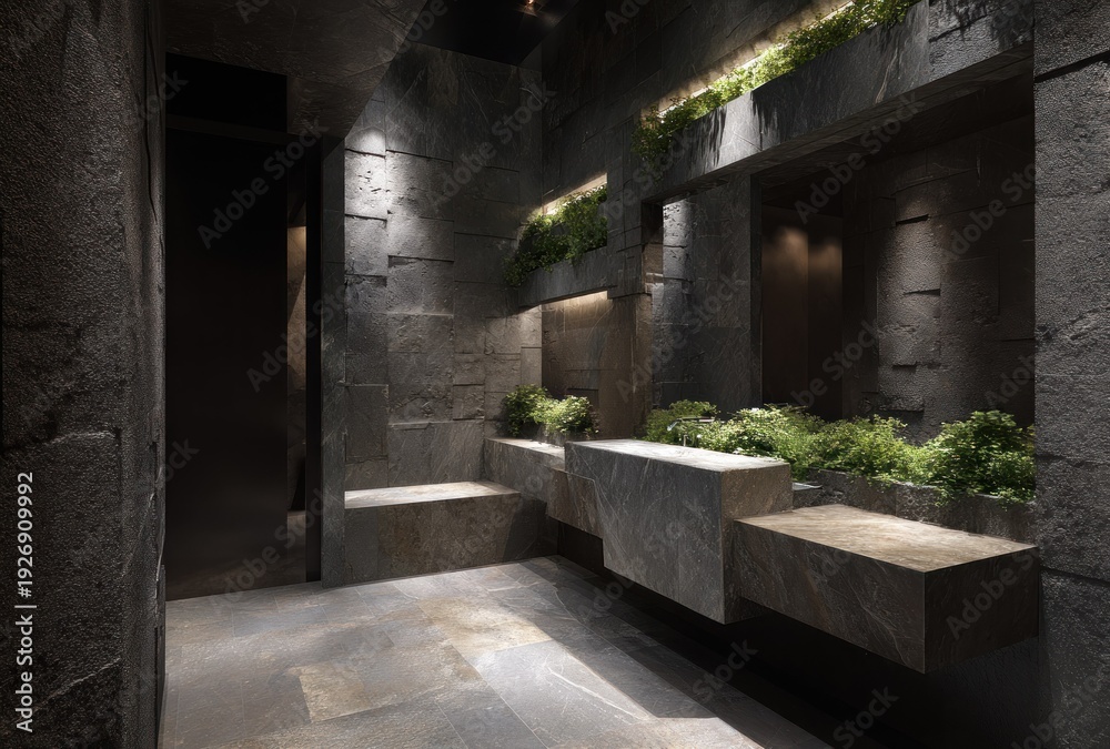 Obraz premium Interior shot of a modern space featuring stone walls, built-in greenery, and ambient lighting