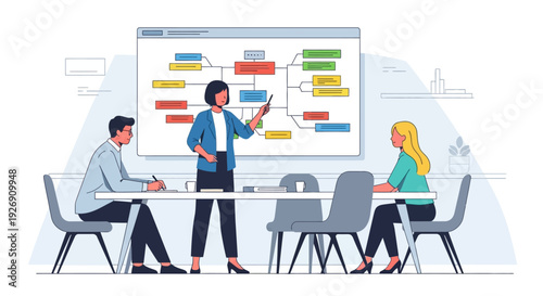 Business meeting with presentation and flowchart.