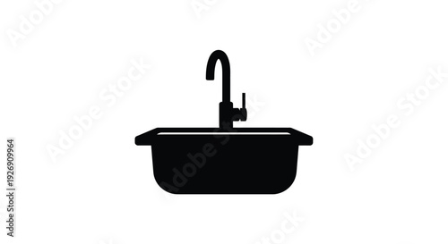 A black sink and faucet depicted in a minimalist silhouette