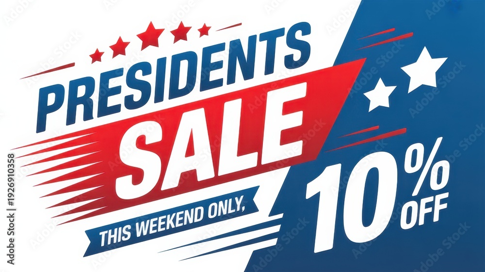 Fototapeta premium Stylish photo of Presidents Sale promotional flyer with 10 percent off discount for this weekend only, isolated on white background