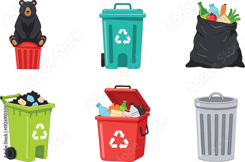 Trash and Recycling Bins Collection Vector Illustration Featuring Garbage Containers Waste Bags and Environmental Recycling Concept