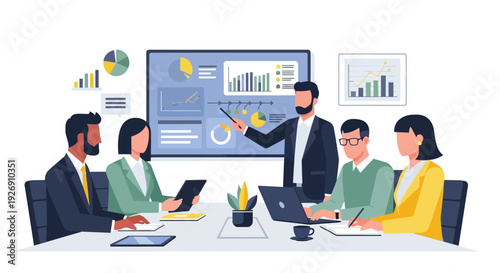 Business meeting with diverse team presenting financial data.