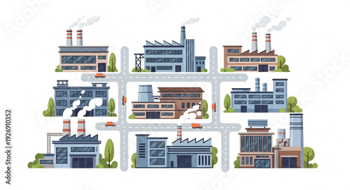 Industrial complex with factories and buildings in an urban environment.