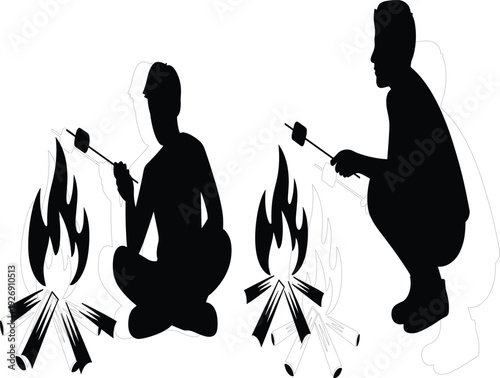 People roasting marshmallows over campfire silhouette set, outdoor camping adventure and summer night bonfire vector illustration