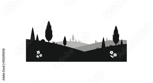 Rolling hills and cypress trees form a striking landscape silhouette