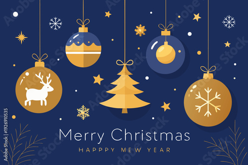 Merry christmas and happy mew year, hanging christmas ornaments with deer and tree