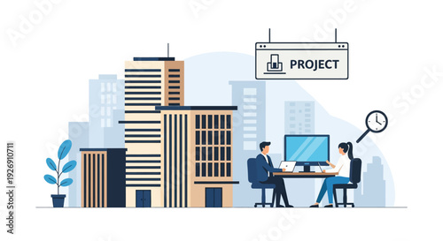 Business professionals collaborating on a project at a desk.