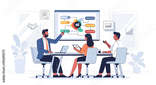 Business meeting with diverse team presenting strategy on screen.