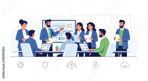 Business meeting with diverse team presenting strategy on screen.