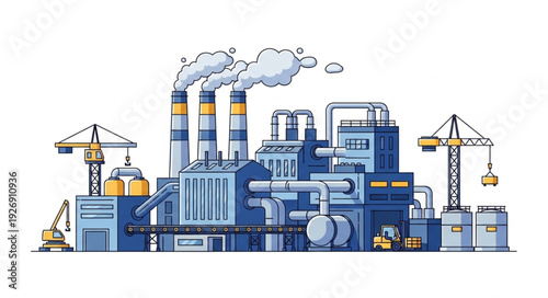 Industrial factory complex with smokestacks emitting pollution into the atmosphere, a visual representation.