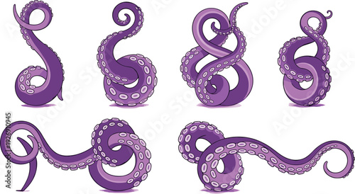 Purple Octopus Tentacle Collection Vector Illustration Featuring Curled Sea Monster Arms with Suction Cups