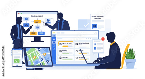 Business professionals collaborating on digital strategy using technology.