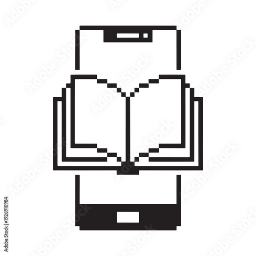 Pixelated illustration of an open book displayed on a smartphone screen