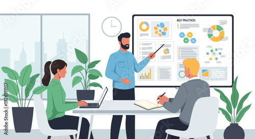 Business meeting with presentation on a large screen.