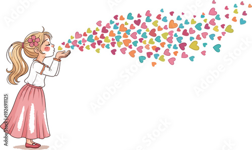 Adorable young girl blowing colorful hearts from her hands in a playful gesture