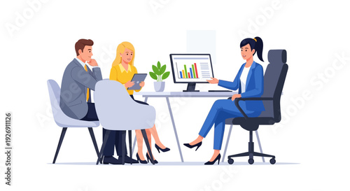 Business meeting with financial chart on screen.