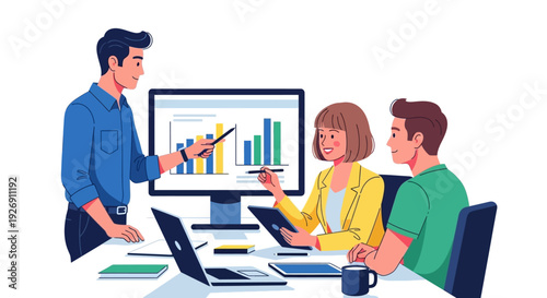 Business meeting with data analysis presentation.