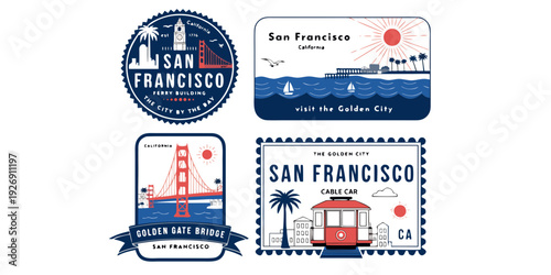 Vintage Stamp-Style San Francisco Travel SVG Set – Retro Vector Banner, Card, Flyer Design with Iconic Landmarks, Minimal Line Art & Classic Travel Aesthetic