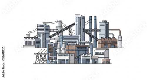 Complex industrial cityscape illustration showcasing factories and infrastructure elements.