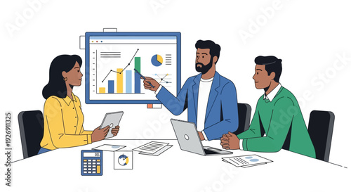 Business meeting with data analysis presentation.