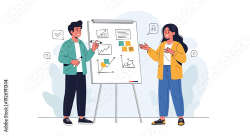 Business meeting with presentation on flip chart.