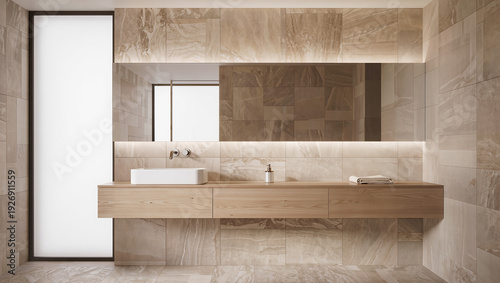 A modern bathroom features a floating wooden vanity with a vessel sink and wall-mounted faucet beneath a large mirror with integrated lighting against tiled walls and floor