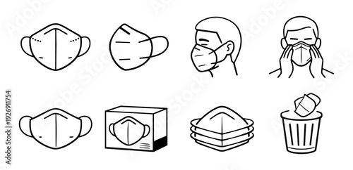 FFP2 Respiratory Mask Safety Icons Set – Medical Face Mask Usage and Disposal Line Art