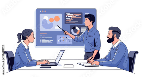 Business meeting with data presentation and discussion.