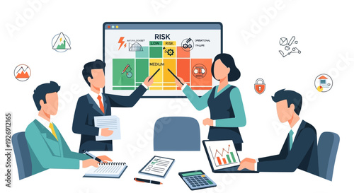 Business meeting with risk assessment chart on screen.